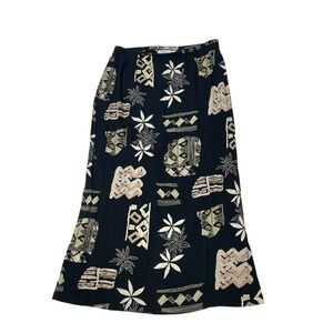Vintage 90s California Krush Rayon Midi Skirt Womens L Black Tribal Tropical Pri